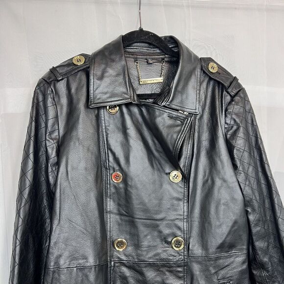 Iman black genuine leather jacket quilted gold button XL quiet luxury classic - Picture 4 of 10
